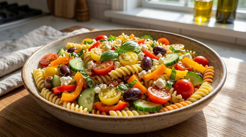 lær hvordan du laver en frisk og lækker pastasalat med enkle ingredienser og nemme trin for en perfekt sommerret.