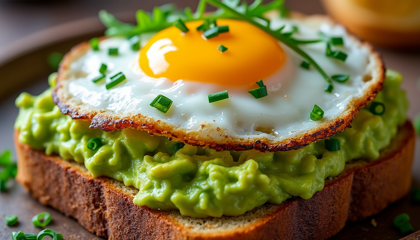 nyd en lækker avocado-toast toppet med sprødt spejlæg – en perfekt balance mellem cremet avocado og sprød æg til en sund og velsmagende morgenmad.