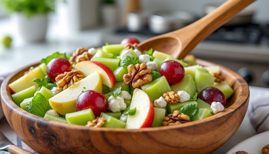 lær hvordan du laver en klassisk waldorfsalat med denne nemme opskrift, der kombinerer sprøde æbler, selleri, valnødder og en cremet dressing.