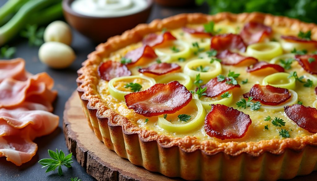 lækker opskrift på bacon og porre tærte med cremet creme fraiche. nem at lave og perfekt til både hverdag og fest.